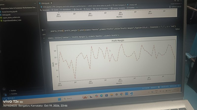 Laptop screen showing a Jupyter Notebook with Python code and a plotted profit margin time series...