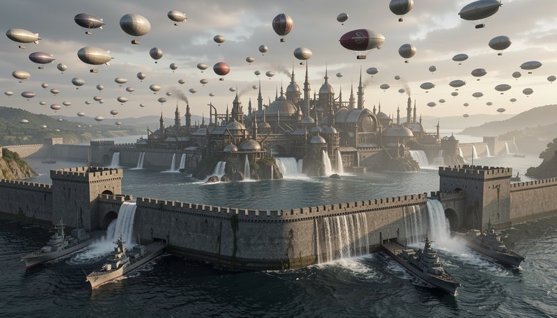 Steampunk island fortress city with cascading waterfalls, moored warships, and a fleet of airships floating overhead