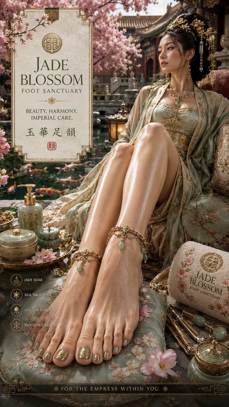 "Luxury Jade Blossom Foot Sanctuary ad featuring an imperial-style East Asian woman relaxing by a...