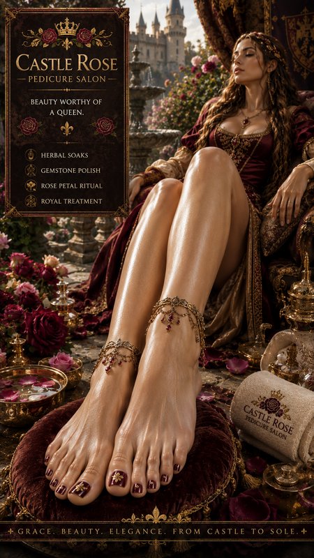 Promotional ad for Castle Rose Pedicure Salon featuring a royal woman with freshly pedicured feet...
