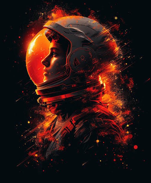 Side profile of a female astronaut in a space helmet, dissolving into glowing orange fire and emb...