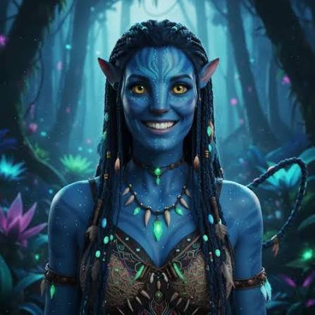 Smiling female Na'vi from Avatar with blue skin, standing in a glowing bioluminescent Pandora forest