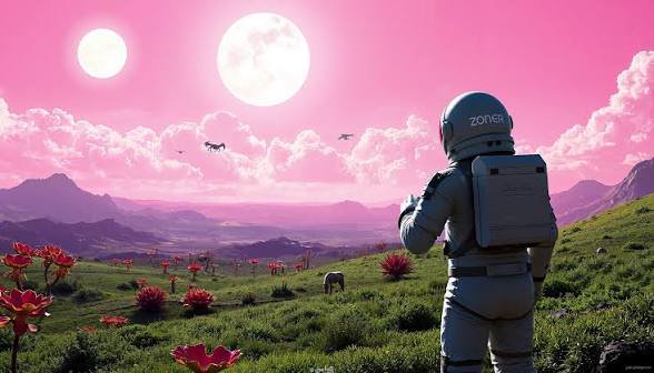 Astronaut in a spacesuit stands on an alien grassy hillside, gazing at a pink twin-sun sky and ot...