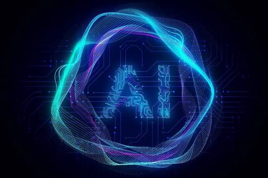 Glowing circuit-designed AI icon framed by swirling neon cyan and purple wavy light ring on dark ...