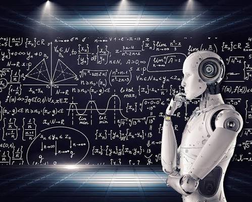 Profile of a thoughtful humanoid AI robot studying complex advanced math equations on a dark lit ...