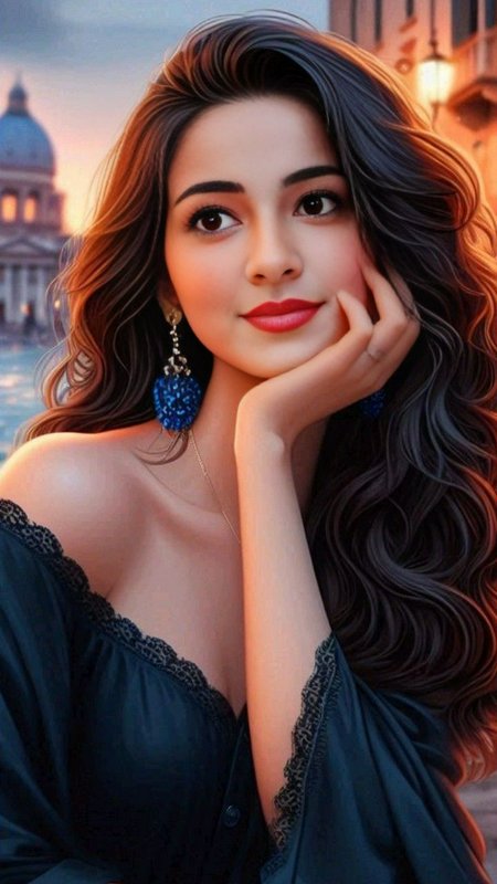 Closeup digital portrait of elegant woman with long wavy dark hair, resting her cheek on her hand...