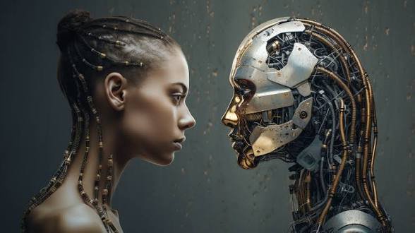 Profile view of a partially augmented cyborg woman facing a full metallic steampunk robot head-to...