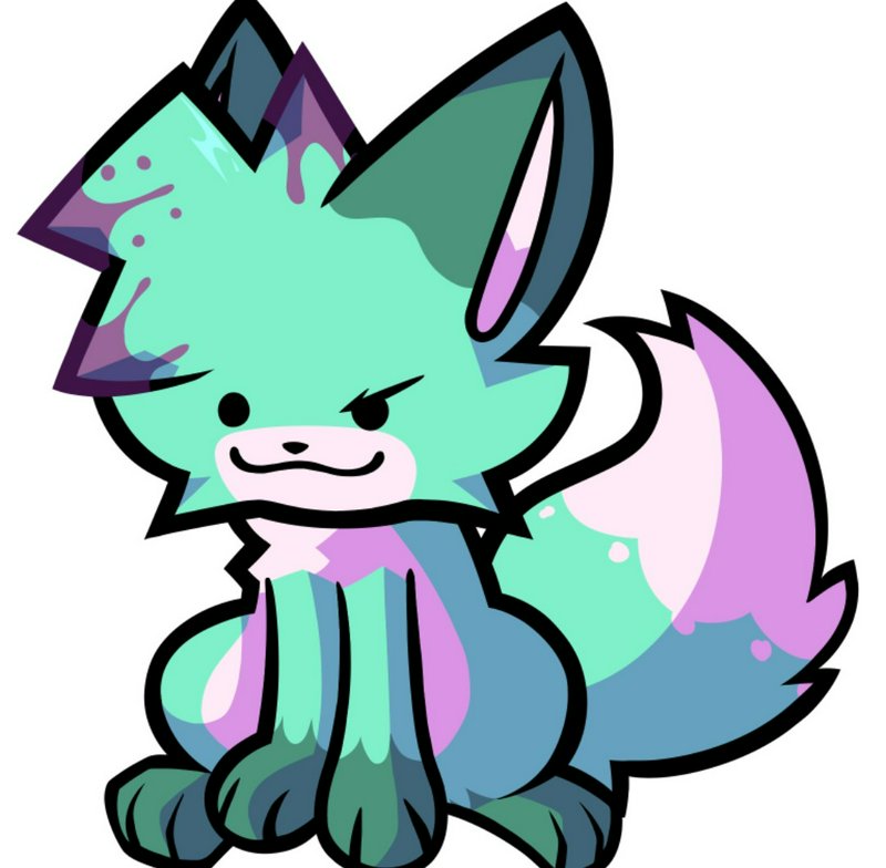 Chibi slime fox character with a smug winking expression, bold outlined digital art in mint green...