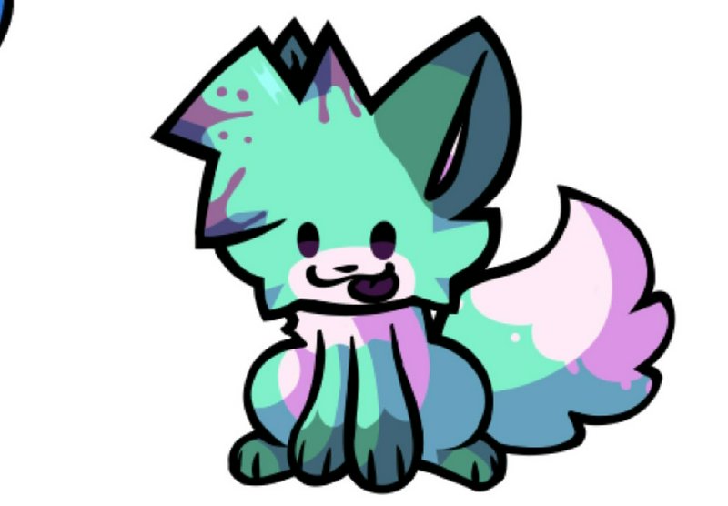 Smiling chibi fox original creature with pastel drip fur sits against a plain white background