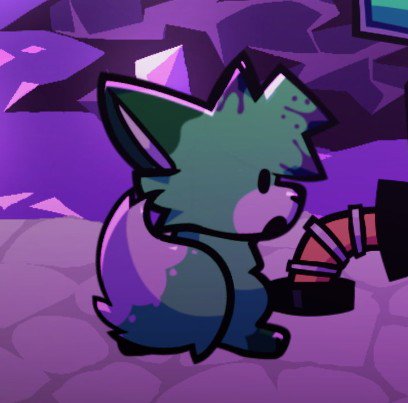 Glossy gradient fox creature sitting in a purple crystal cave next to a mining pickaxe