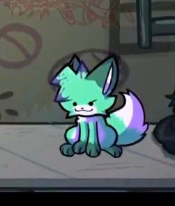 Smug gradient teal and purple cartoon fox sitting on a concrete floor against a graffiti wall