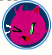 Pixel art bright pink winking cat sticking its tongue out inside a circular blue border badge
