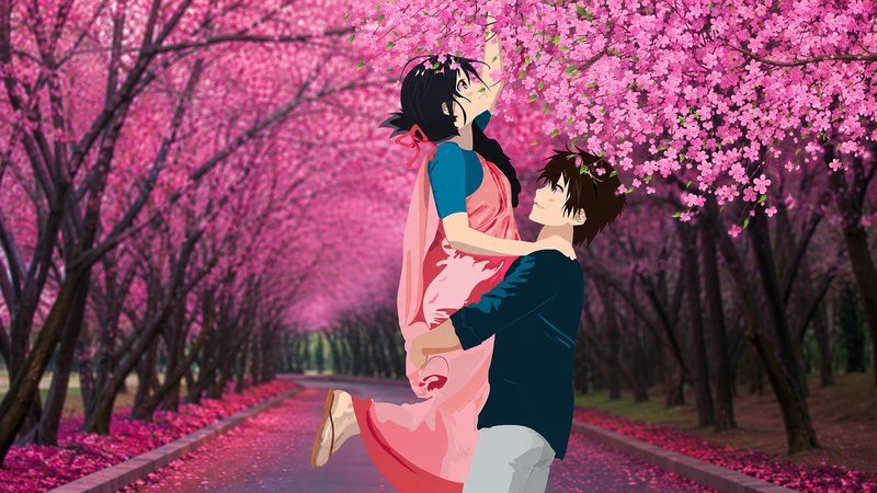 Anime boy lifts a smiling young woman beneath dense pink blooming cherry blossom trees