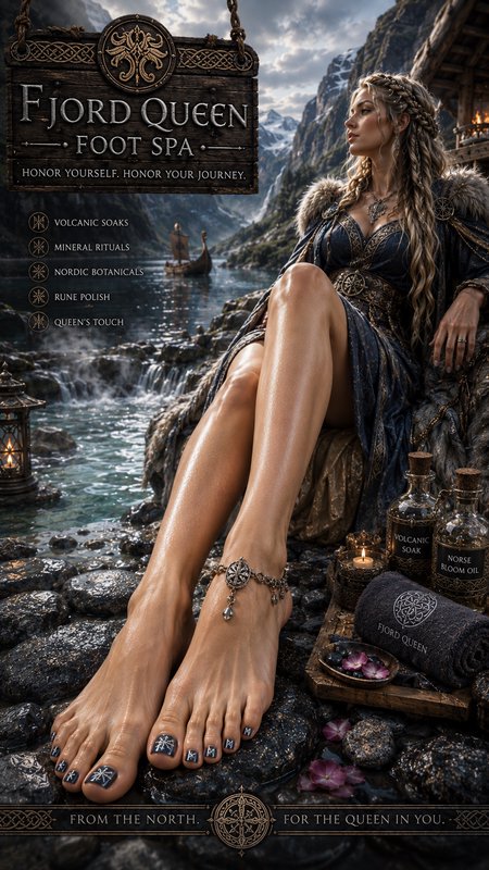 "Fjord Queen Foot Spa fantasy ad: A Norse Viking queen relaxes on a Norwegian fjord shore with No...