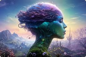 Surreal double exposure profile of a Black woman (Mother Earth) merged with a Southwestern desert...