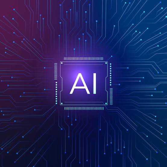 Glowing purple AI microchip centered on a gradient blue-purple circuit board with luminous electr...