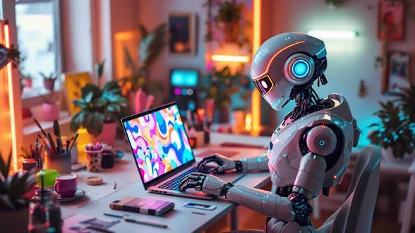 Sleek humanoid AI robot typing at a laptop creating digital art in a neon lit cozy home studio