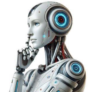 Thoughtful humanoid AI robot resting hand on chin, glowing blue tech accents, isolated on a plain white background