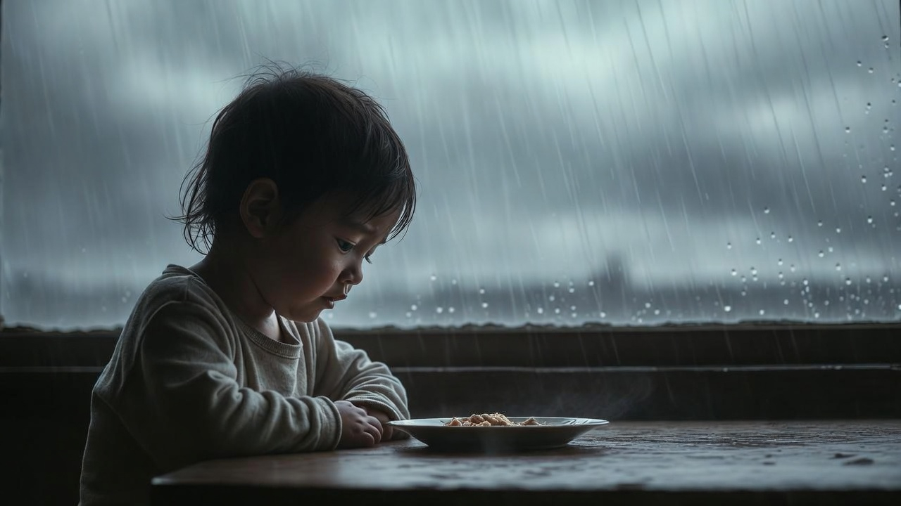 Young child sits at a wooden table by a rainy window, gazing at a plate of noodles.