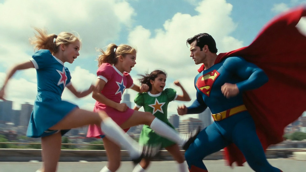 Superhero in blue suit with red cape leads three girls in colorful outfits (blue, pink, green) running together in a sunny...