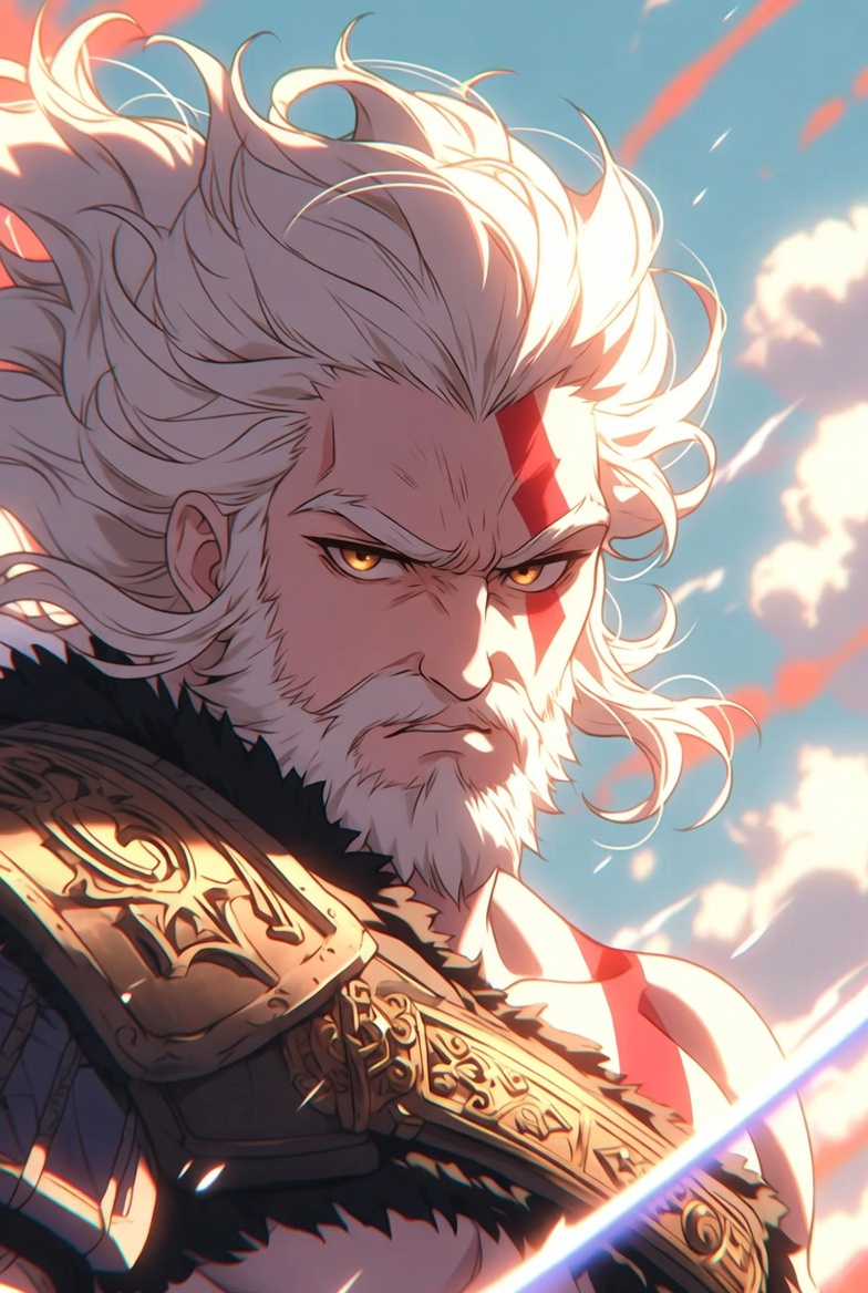 Fierce mythic warrior with white hair, red facial tattoo, and ornate armor in a dynamic fantasy scene.