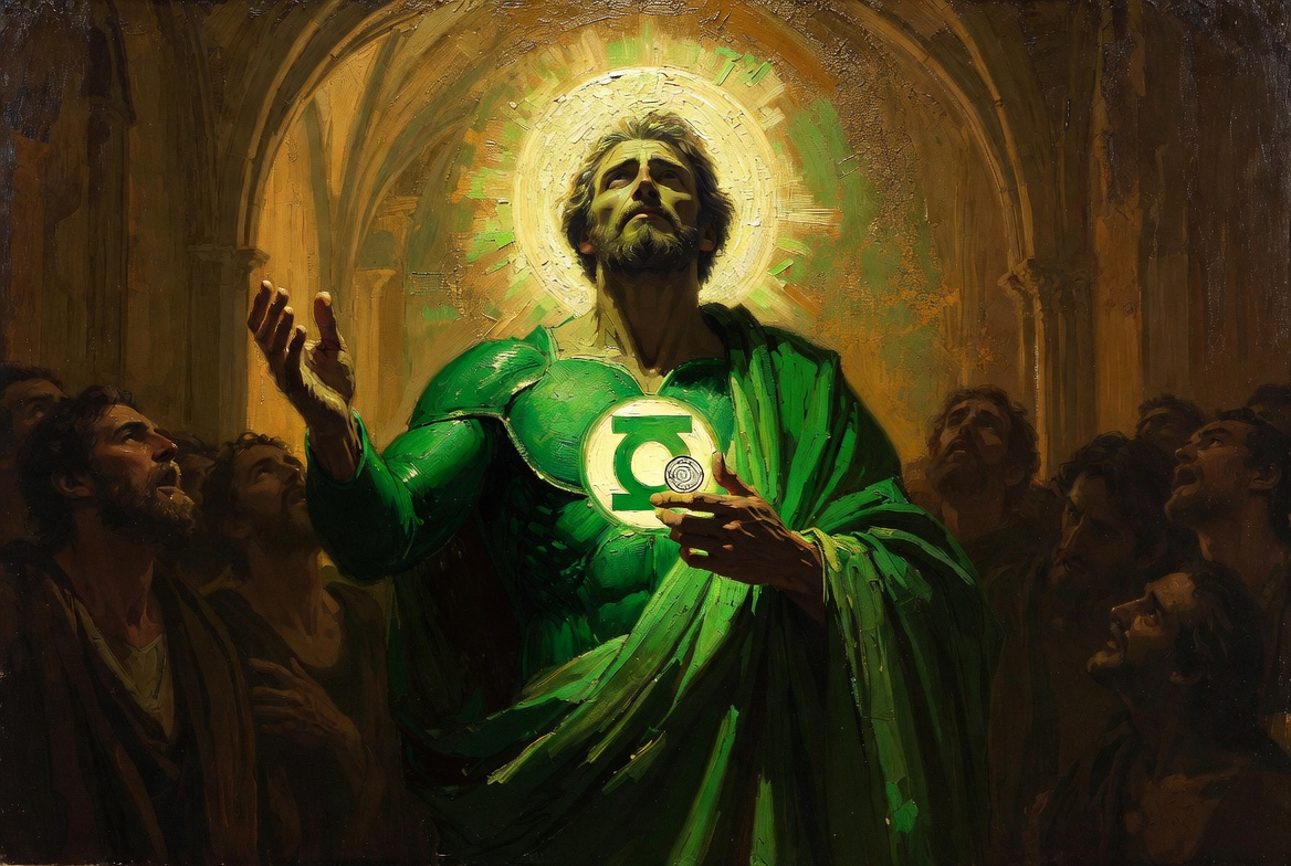 A heroic figure in a radiant green costume with a glowing lantern ring, standing before a cheering crowd in a temple-like ...