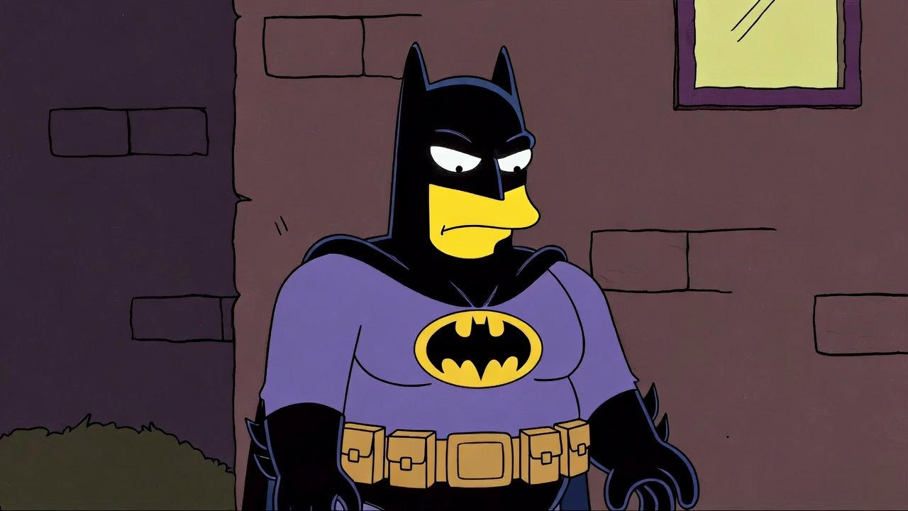 Animated Batman in a purple suit with yellow utility belt standing near a brick wall.