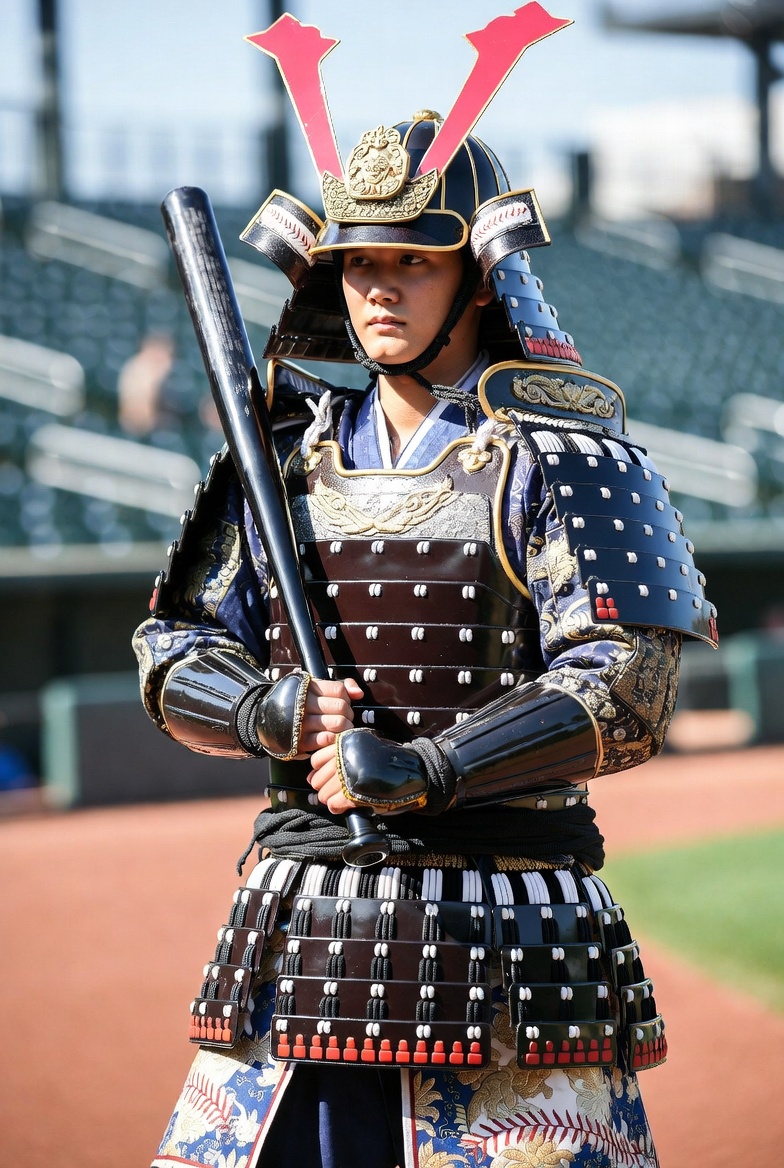 Japanese samurai in ornate armor holding a katana in a stadium setting.