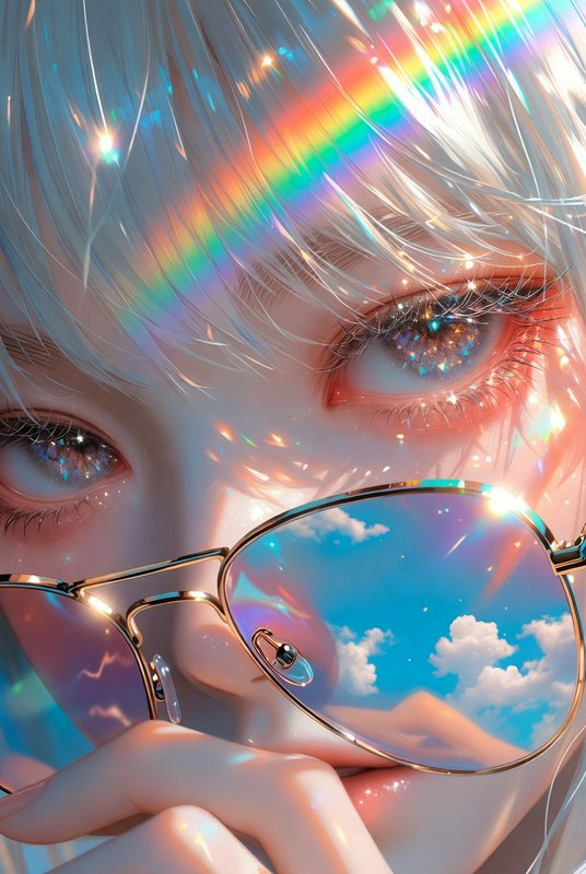 Close-up of a person with white hair wearing gold-rimmed sunglasses reflecting blue sky and clouds.