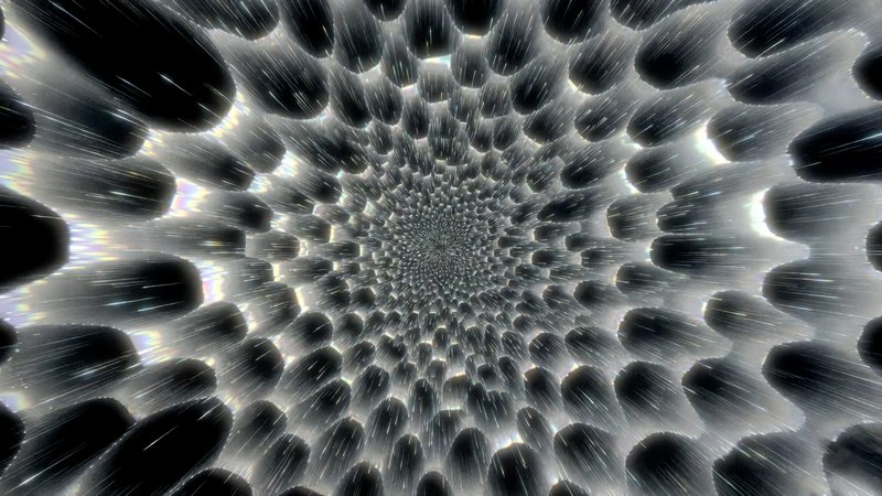 Abstract metallic tunnel of repeating cylinders forming a spiral vortex