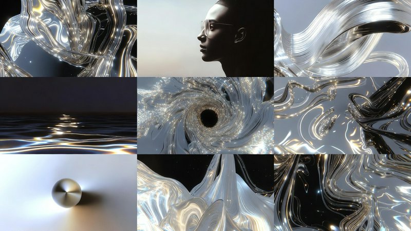Collage of metallic flowing ribbons and a profile portrait with glasses.