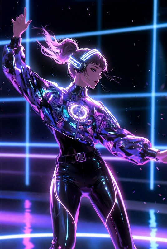 Neon-lit female dancer in a shiny holographic outfit wearing headphones, striking a dynamic pose.
