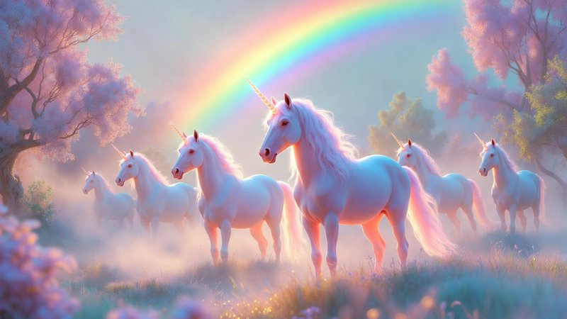 Group of white unicorns in a pastel meadow under a vivid rainbow.