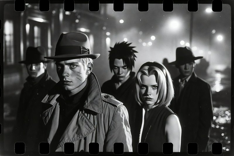 A monochrome noir cosplay group shot featuring four characters in trench coats and fedoras on a moody city street.