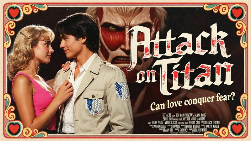 Romantic couple in a retro poster with a Titan face looming behind and the spoof title “Attack on...
