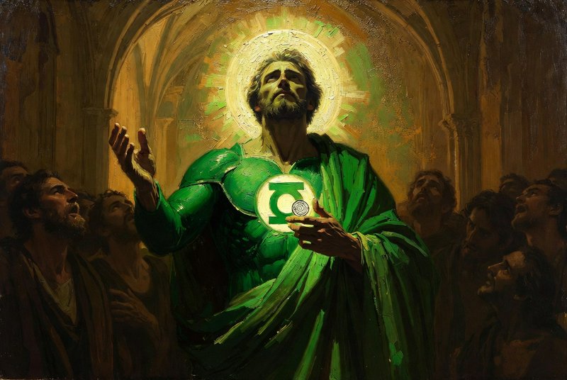 A heroic figure in a radiant green costume with a glowing lantern ring, standing before a cheerin...