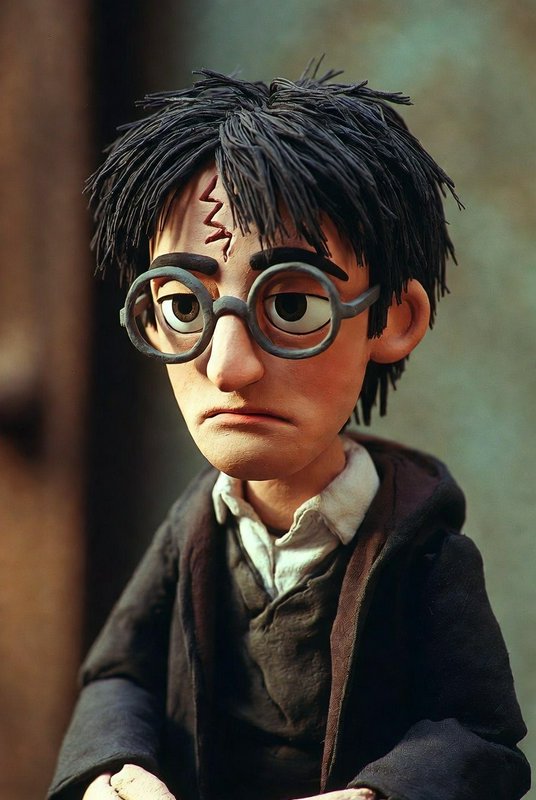 Somber claymation puppet with round glasses, dark hair, and a stitched forehead.