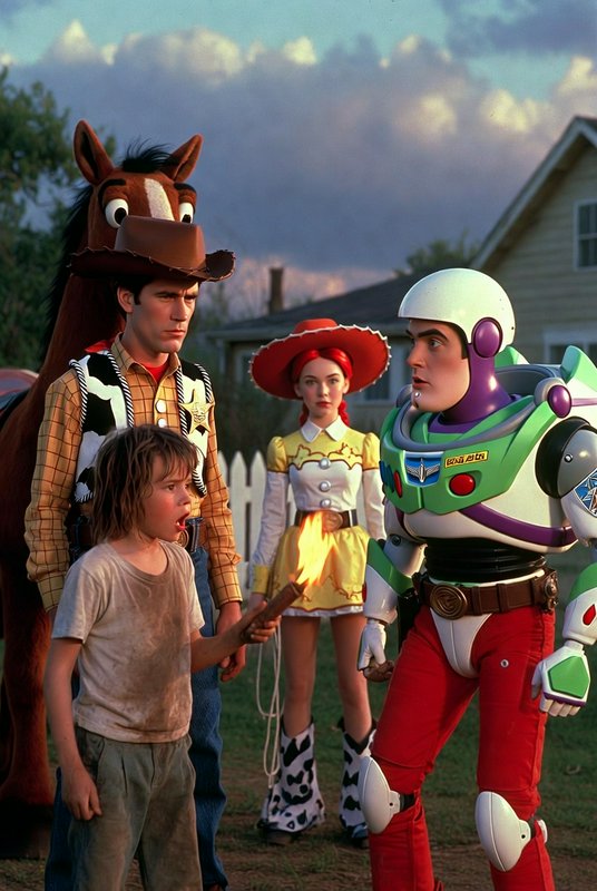 A group of costumed characters, including Buzz Lightyear and Jessie, in a backyard with a child a...