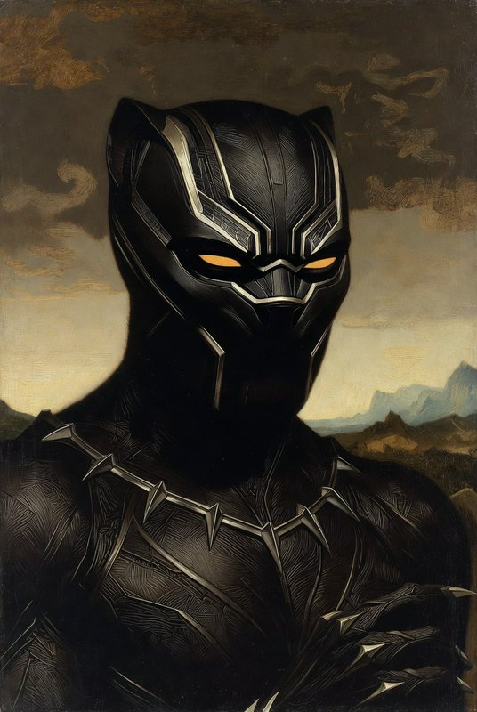 Stylized portrait of Black Panther in a dark suit with gold accents against a rugged landscape.