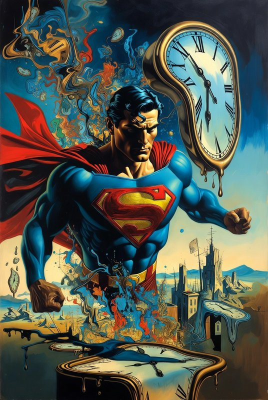 Superman soaring with a melting clock in a surreal, time-warped cityscape.