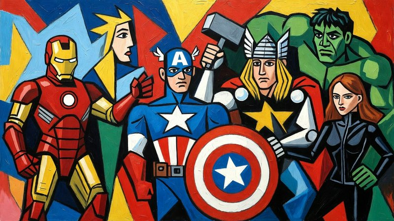 Vibrant mural of iconic superheroes including Captain America, Iron Man, Thor, Hulk, and Black Wi...