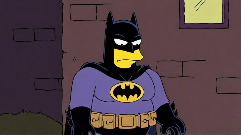 Animated Batman in a purple suit with yellow utility belt standing near a brick wall.