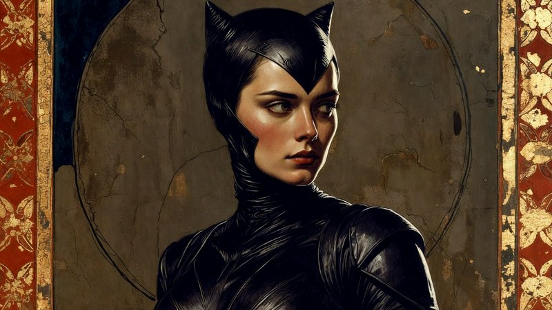 Catwoman-inspired character in a sleek black leather cowl and suit, dramatic portrait.