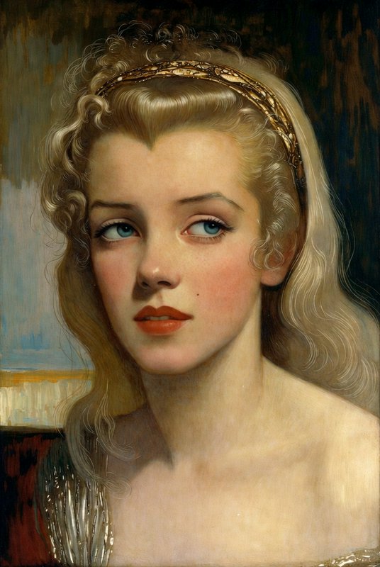 Elegant vintage portrait of a blonde woman with a headband, looking sideways.
