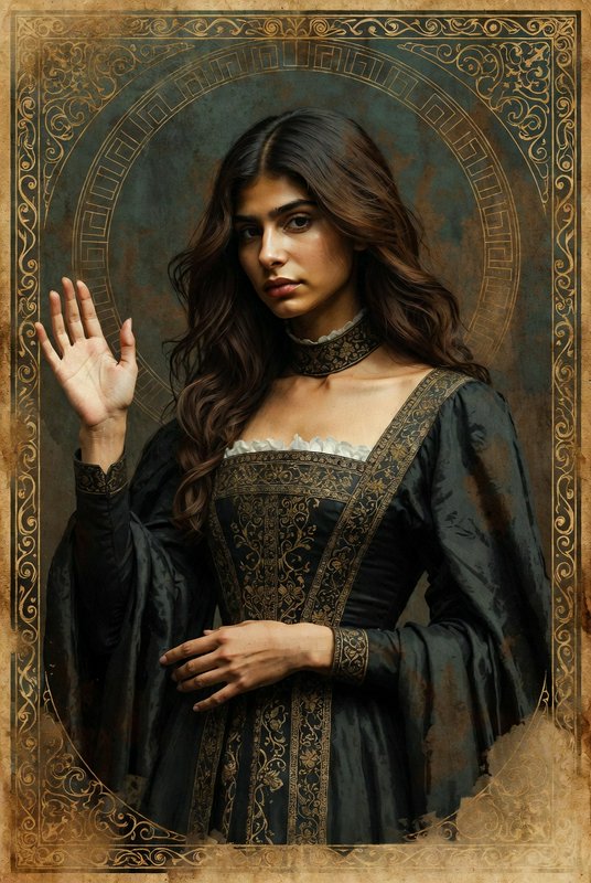 Portrait of a woman in a dark, ornate Victorian-inspired gown with gold embroidery, raising her r...