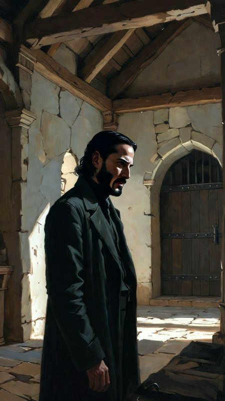 Cinematic portrait of a man in a dark coat standing in a stone corridor with an arched wooden door.