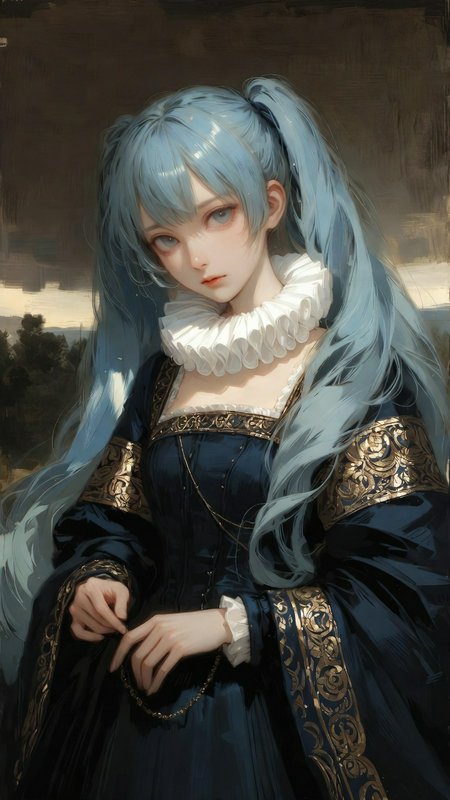Blue-haired anime girl in a dark Victorian gown with white ruffled collar and ornate gold embroid...