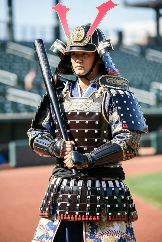 Japanese samurai in ornate armor holding a katana in a stadium setting.