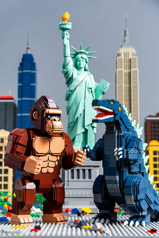 LEGO gorilla vs Godzilla battle with Statue of Liberty backdrop and NYC skyscrapers.