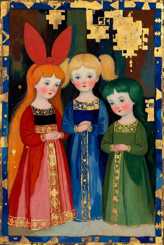 Three young girls in colorful medieval-style dresses stand together with clasped hands.